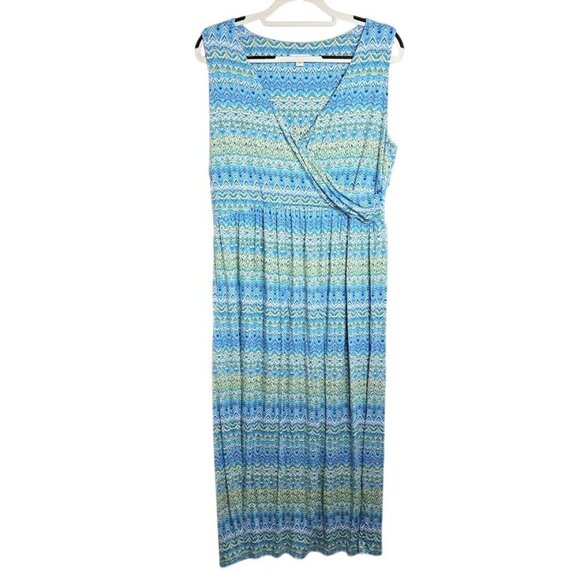 J. JILL Faux Wrap Maxi Dress BLUE GREEN GEO size L Pullover Stretchy Long Casual - Picture 1 of 6